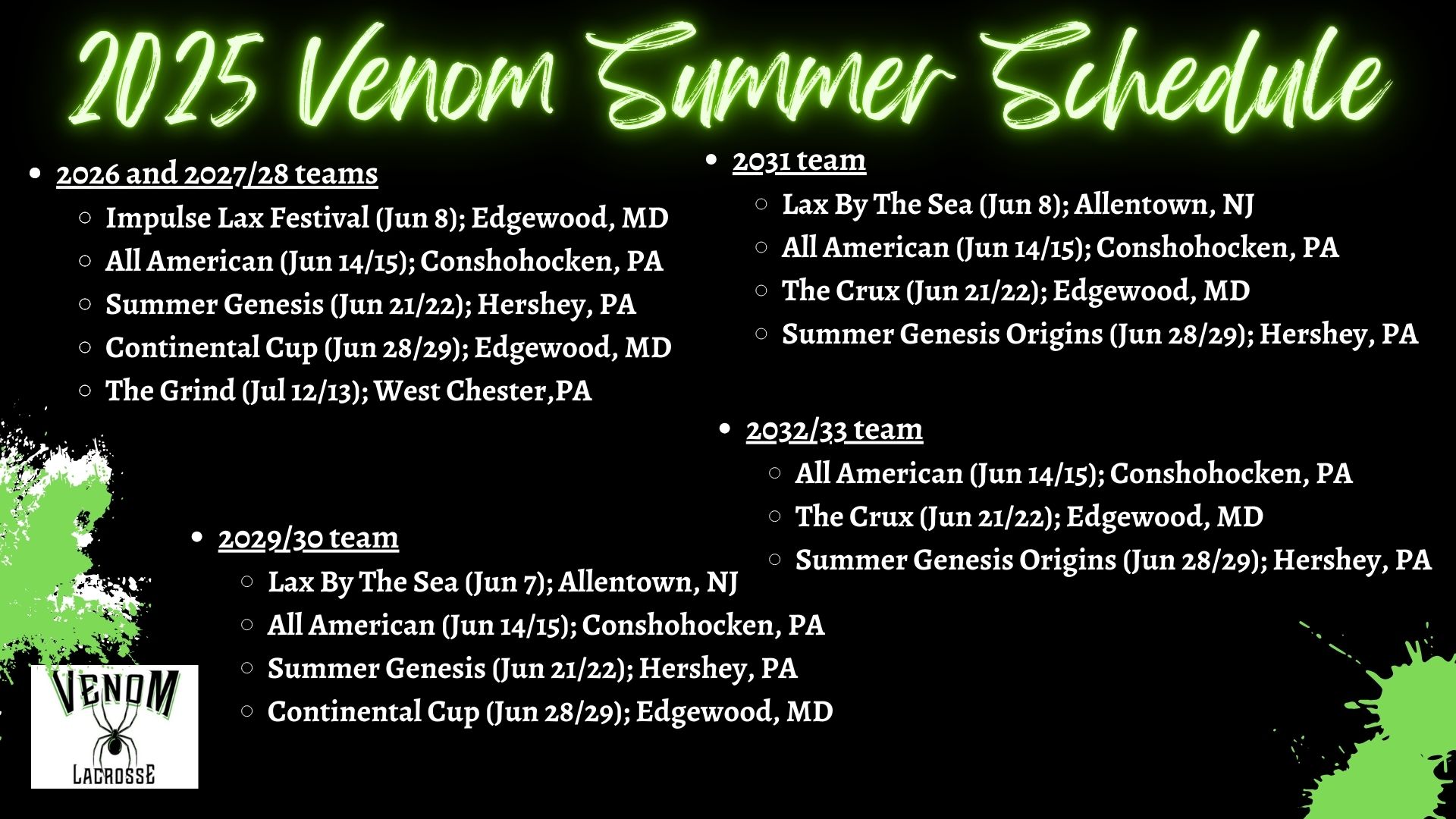 2025 Venom Summer Schedule