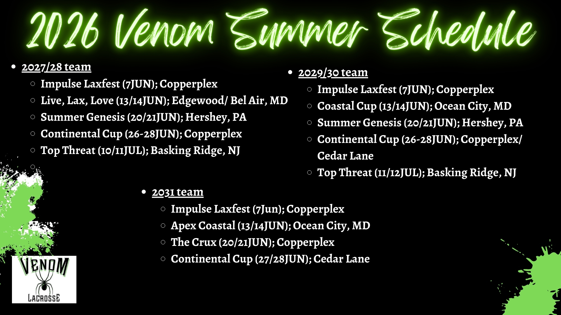 2026 Venom Summer Schedule